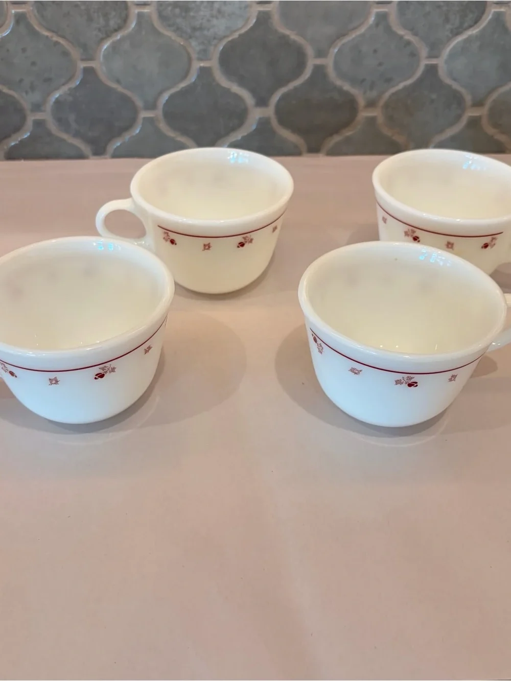 Vintage Pyrex Burgundy Rose Milk Glass Coffee Cups Mugs Set of 4